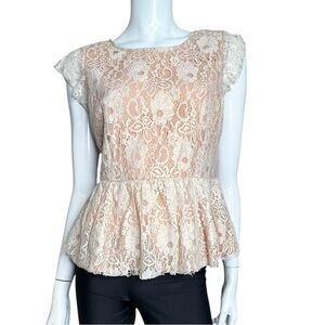 Maeve Peach with Cream Lace Peplum Cap Sleeves Blouse